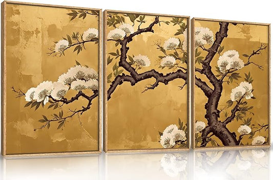 Large Vintage Plum Blossom Framed Canvas Wall Art,Neutral Golden White Floral Wall Decor,Retro Nature Flower Artwork,Modern Neutral Wildflower Art Print for Living Room,Bedroom,Office-16"x24"x3