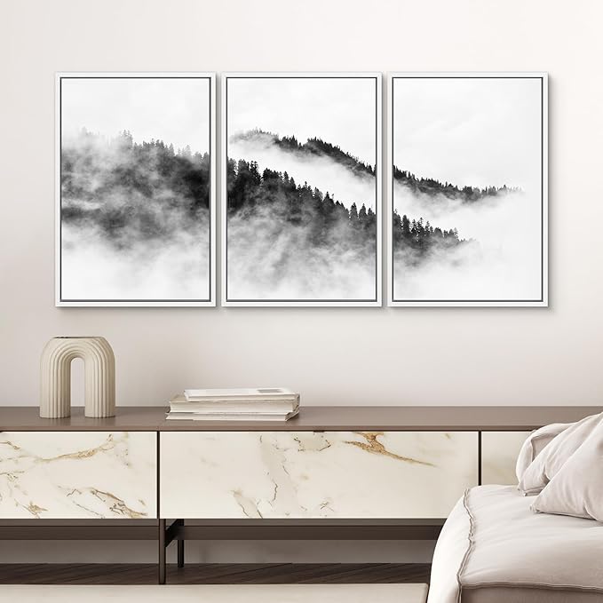 SIGNWIN Framed Canvas Print Wall Art Set Black & White Mountain Forest Valley Nature Wilderness Photography Modern Art Rustic Landscape Relax/Calm for Living Room, Bedroom, Office - 16"x24"x3 White