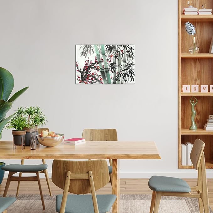 Canvbay Asian Canvas Wall Art Traditional Chinese Ink Style with Bamboo and Red Plum Blossom Painting Pictures Oriental Flower Print Poster Framed for Home Decor Living Room Bedroom 8x12inch