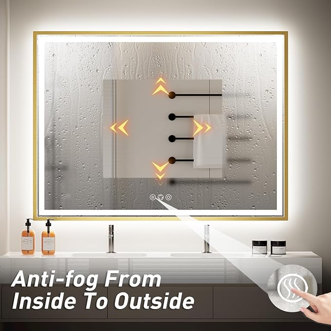 48X30 Inch Led Bathroom Mirror,Front and Backlit Lighted Mirror,Gold Metal Frame Vanity Light Mirror for Wall,Double Lights Strips,Anti Fog Stepless 3 Colors Temperature & Dimmable