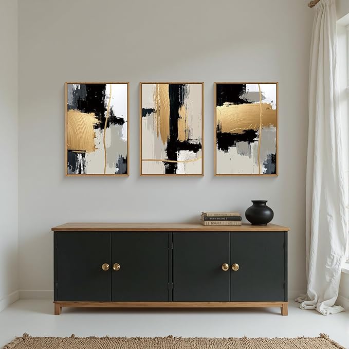 Abstract Black Gold Framed Canvas Wall Art Set,Modern Minimalist Black White Wall Decor,Neutral Color Block Line Art Print for Living Room,Bedroom,Dining Room,Office-24 x36 x3