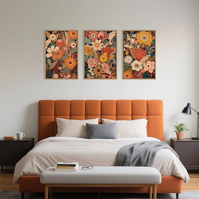 Large Brunt Orange Floral Framed Canvas Wall Art,Colorful Vintage Blossom Wall Decor, Boho Retro Flower Artwork,Mid Century Wildflower Botanical Art Print for Living Room,Bedroom- 16"x24"x3