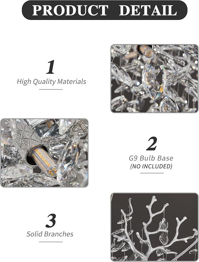 Modern Crystal Chandelier for Dining Room, 23.62" Chrome Tree Branch Chandeliers, 8-Light Luxury K9 Crystal Round Chandeliers for Kitchen Island Living Room