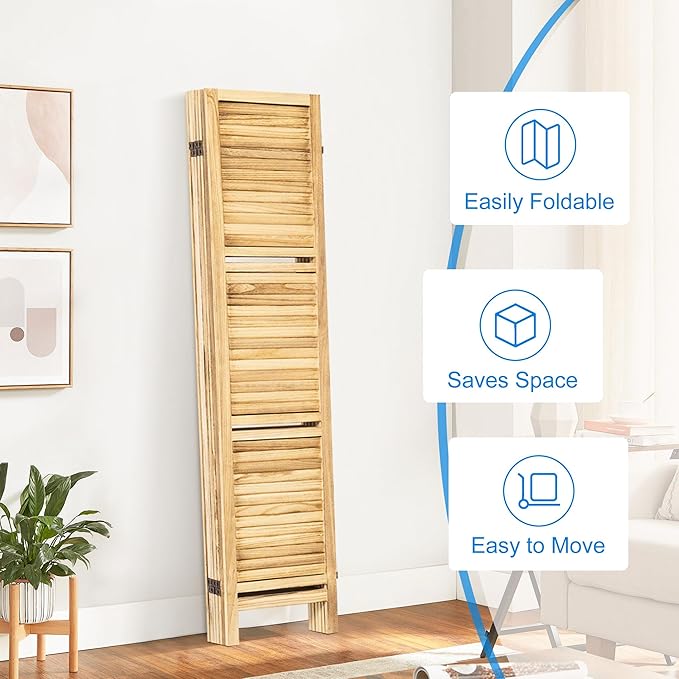 2 PCS Room Dividers 5.6FT Louvered Design 6 Panel Room Dividers with Display Shelves Folding Privacy Screens Portable Freestanding Partition Wall Dividers for Bedroom, Natural Wood
