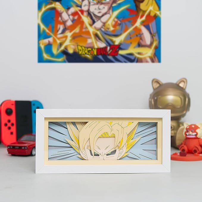 Anime LED Light Box, Manga Shadow Box Frame, Paper Cut, Table Lamp for Anime Enthusiasts, RGB Multi Color, Night Light for Room Decor, Unique Anime Desk Decor (Super Saiyan)