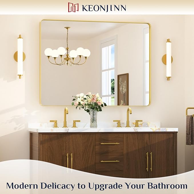Keonjinn Gold Bathroom Vanity Mirror 48 x 36 Inch Large Rounded Rectangle Vanity Mirror, Brushed Brass Wall Mirror with HD Tempered Glass, Modern Decorative Gold Framed Mirror(Horizontal/Vertical)