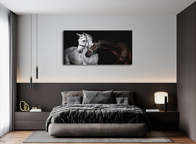 Jiuqinghua Wall Art Canvas Print Picture White and Brown Horses 1 Panel Wild Animal Painting Artwork for Living Room Bedroom Office Home Wall Decor Stretched and Framed Ready to Hang 30x60inches