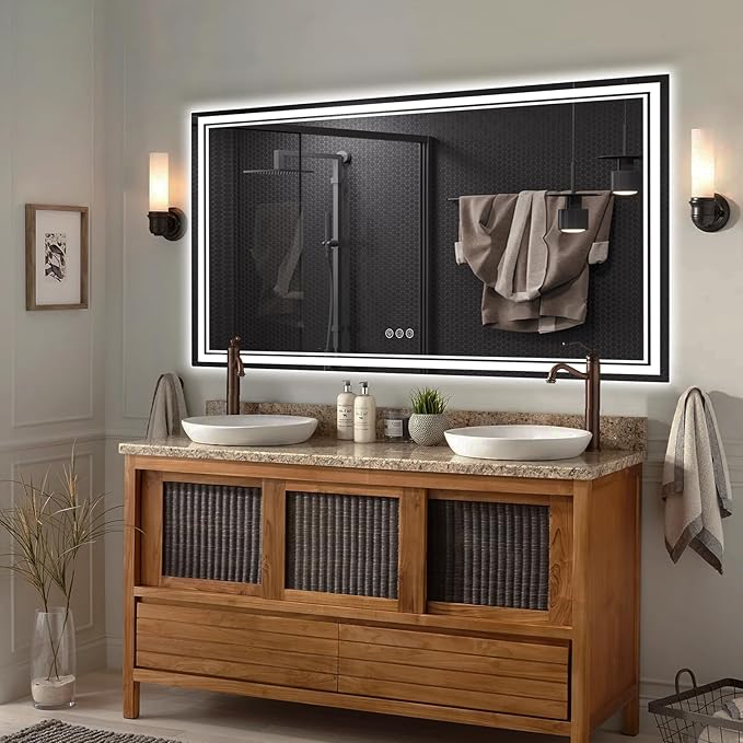 60x40 Inch LED Bathroom Mirror with Frontlit & Backlit（Independent Control）, Lighted Mirror for Bathroom Wall with 3-Color Dimmable & Anti-Fog, Vanity Mirror with Lights