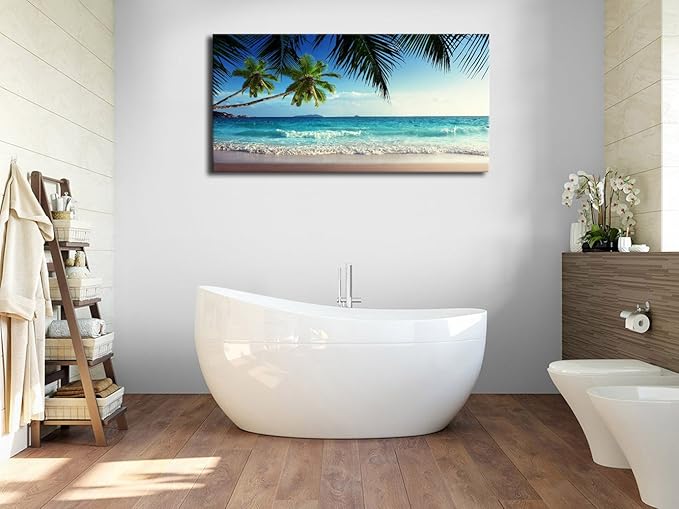 Large Wall Art Ocean Waves Canvas Pictures Coconut Trees Sands Beach Seascape Landscape Modern Summer Sea Nature Canvas Artwork Contemporary Wall Art for Living Room Bedroom Home Wall Decor 20" x 40"