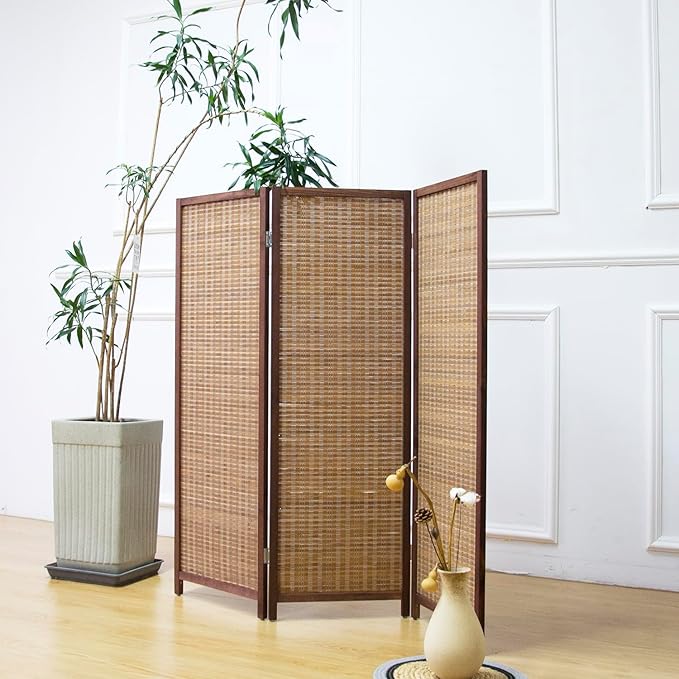 3 Panel Room Divider Short Folding Screen Divider,Double Sided Bamboo Divider Screen for Room Separation,Brown,47.2" H x 46.1" W