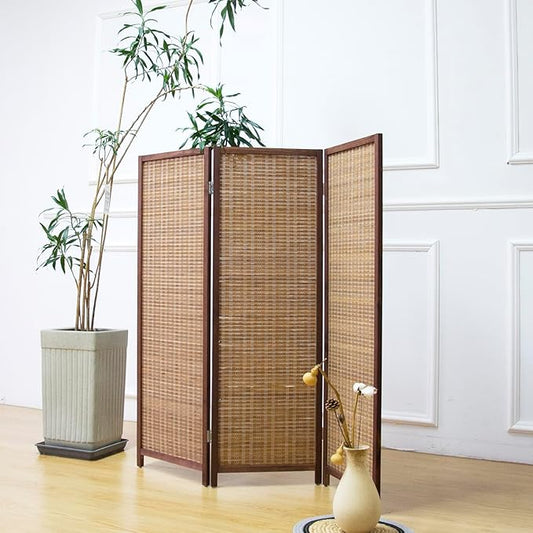 3 Panel Room Divider Short Folding Screen Divider,Double Sided Bamboo Divider Screen for Room Separation,Brown,47.2" H x 46.1" W