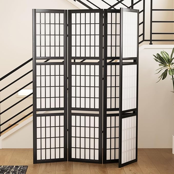 5.6FT Room Divider and Folding Portable Partition Screen, Chinese Japanese Shoji Style with Three Display Shelves for Room Separation - 4 Panel (Black)