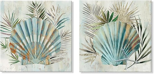 JAPO ART Turquoise Shell Pictures Modern Seashell with Tropical Palm Leaves Canvas Wall Art Coastal Wall Art for Bathroom Bedroom Livingroom Home Decorations 12x12Inchx2pcs