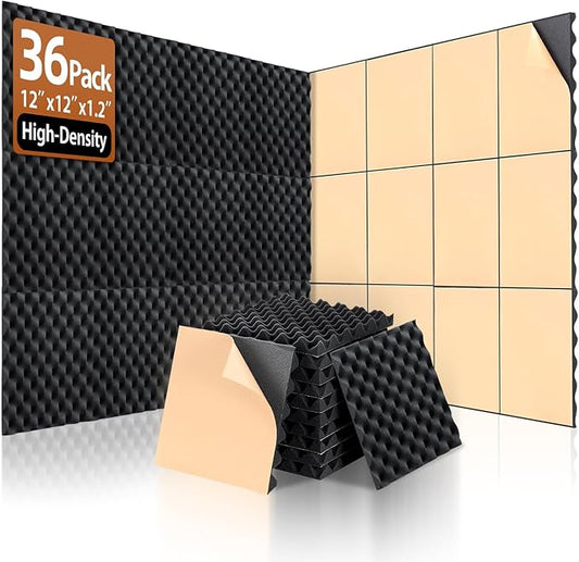 36 Pack Acoustic Foam Panels with Self Adhesive 12" X 12" X 1.2" Sound Proof Foam Panels for Walls High Density Egg-Crate Soundproof Wall Panels for Studio Office Gaming Room