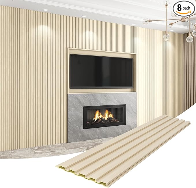 8-Pack WPC Wall Panels 108’’ x 6.3’’ 3D Slat Wall Panel Acoustic Wall Paneling for Interior Wall Decor TV Background Kitchen Bedroom Natural Wood