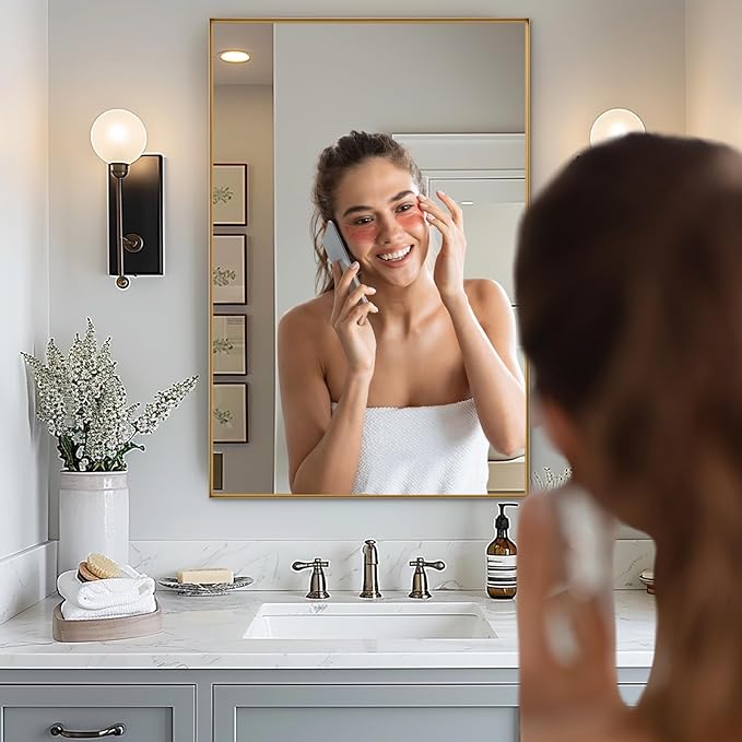 2-Pack Gold Bathroom Mirrors Over Sink 30 x 48 Inch Wall Mounted Aluminum Frame Rectangle Mirror Modern Farmhouse Vanity Mirror