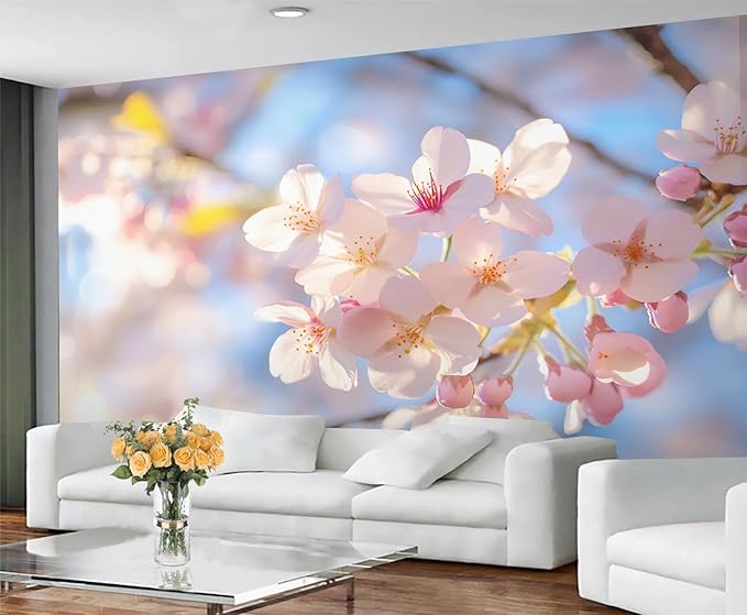 Japanese Mural Wallpaper, Cherry Blossoms Murals, Japanese Flowers Murals, Large Wallpaper for Living Room Bedroom Kids Room Home Decor Mural (Not Peel Stick)