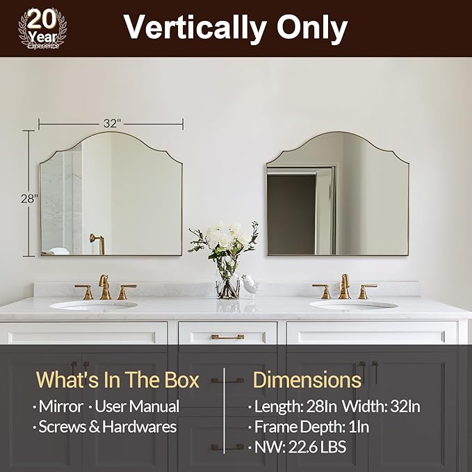 ANDY STAR Scalloped Arched Mantel Mirror, 32x28 Inch Brushed Gold Vanity Mirror in Stainless Steel Metal Frame, Vintage Wall Mirrors for Fireplace, Bedroom, Living Room, Entryway Hangs Vertically