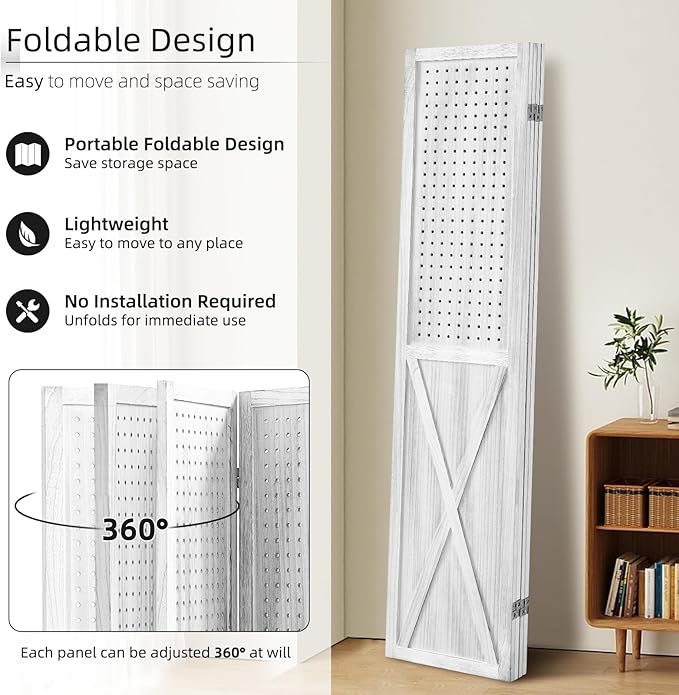4 Panel Pegboard Display Room Divider Panel, Peg Board Room Divider and Folding Privacy Screen, 5.6Ft Wood Divider Wall, Pegboard Display Stand Organizer for Art, Craft Show, Jewelry (White)