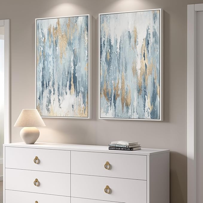 Large White Framed Blue and Gold Abstract Canvas Wall Art, 2 Piece Modern Minimalist Art Prints Paintings Artwork for Walls, Glitter Pictures for Living Room, Dining Room, Bedroom Wall Decor 20x30 In