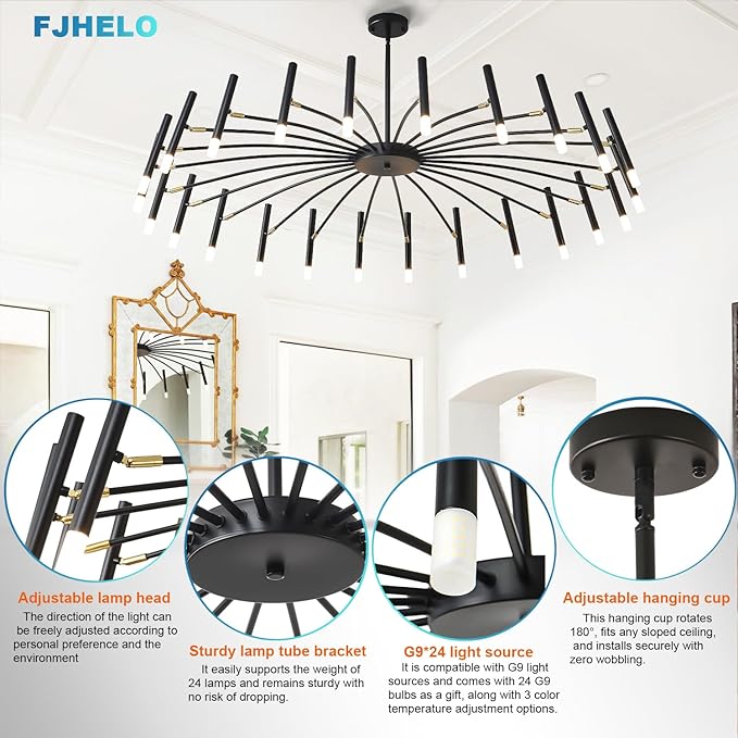 Modern Chandelier 24-Light with G9 Bulbs Included, 53 Inch Adjustable Height Ceiling Fixture - Customizable Drop for Dining Room, Entryway, Bedroom - Black Wrought Iron Matte Finish