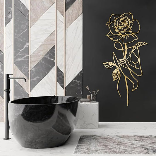 Metal Rose Wall Decor, Abstract Woman Metal Wall Art, Metal Minimalist Wall Art, Metal Line Art Wall Decor, Rose Wall Art, Floral Wall Art, Female Body Wall Art for Bathroom, Bedroom (Gold, 41"x20"/105x51cm)