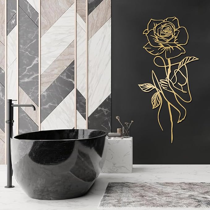 Metal Rose Wall Decor, Abstract Woman Metal Wall Art, Metal Minimalist Wall Art, Metal Line Art Wall Decor, Rose Wall Art, Floral Wall Art, Female Body Wall Art for Bathroom, Bedroom (White, 24"x11"/60x29cm)
