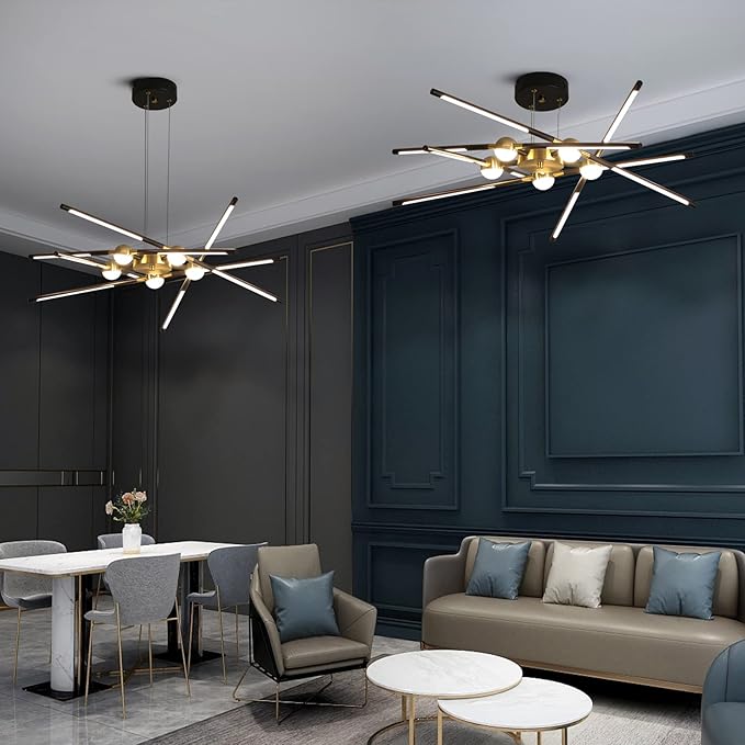 Modern Black chandelier,Sputnik Chandelier 10-Lights Dimmable Pluggable Hanging Ceiling Light Embedded Installation Fixture, Gold LED Pendant Light for Kitchen Island,Living Room Decoration