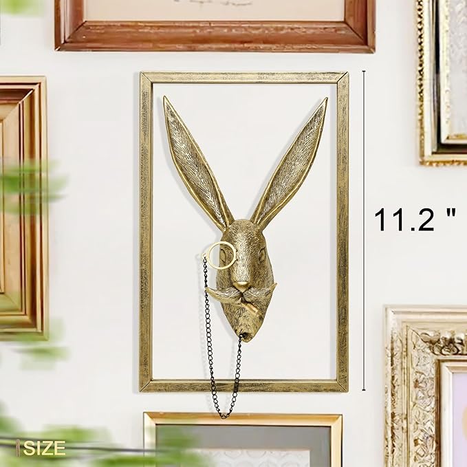 Newinhome Animal Heads Wall Decoration (Gift Metal Frame) Resin Animals Sculptures Head Wall Hanging Decor Gold vintage Wall Sculpture for Living Room Bedroom Office(Rabbit)
