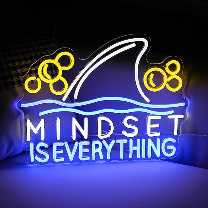 Mindset is Everything Neon Sign Led Fish Shark Neon Light Up Sign Dimmable Inspirational Neon Wall Decor sign for Classroom Office Bedroom School 16.5 * 12.6 IN
