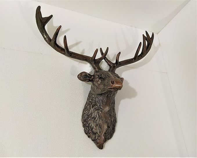 Metal Large Deer Head Wall Mount Statue Copper Antique Finish Sculpture Unique Figurine Stag Head Statue A Excellent Item For Home | Office | Restaurant Decorations