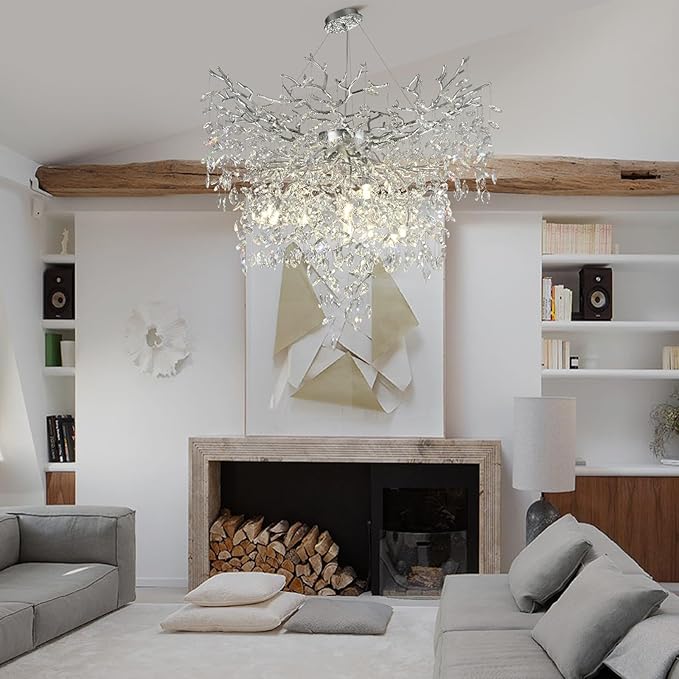 40 inch Crystal Chandelier for Dining Room, Round Silver Tree Branches Chandeliers, Top K9 Crystal Chandelier, Luxury Modern Chandeliers for Kitchen,Foyer Entryway, Living Room, Bedroom