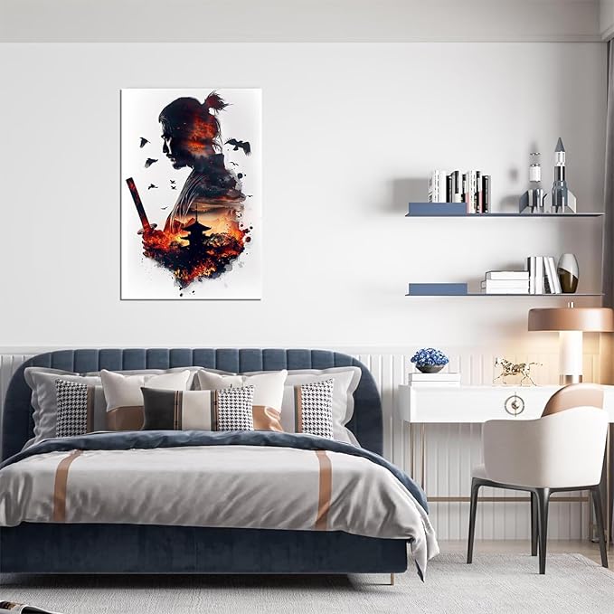 Japanese Samurai Canvas Wall Art Prints Armored Knights Wall Decor Canvas Painting Medieval Poster Framed for Living Room Bathroom Bedroom Office Home Decor Framed (12''W x 16''H)