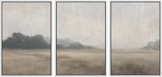 MUDECOR Framed Wall Art Print Set Serene MeadowTranquil Landscape with Foggy Fields and Distant Trees Illustrations Realism Decorative for Living Room, Bedroom, Office - 16"x24"x3 White