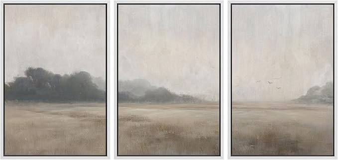 MUDECOR Framed Wall Art Print Set Serene MeadowTranquil Landscape with Foggy Fields and Distant Trees Illustrations Realism Decorative for Living Room, Bedroom, Office - 24"x36"x3 White