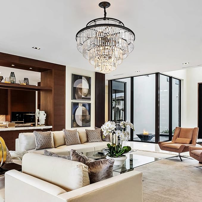 35" 24-Light Modern Crystal Chandelier Light Fixture Large 6-Tier Black Luxury Chandeliers for Dining Room Round Hanging Pendant Lighting for Living Room Kitchen Entryway Bedroom Foyer Lobby