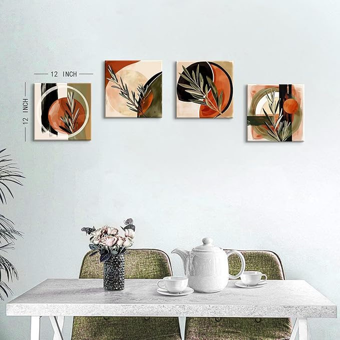 Boho Wall Art Beige Orange Mid Century Modern Wall Decor for Bedroom Abstract Geometric Canvas Painting Bathroom Green Plant Rosmary Minimalist Picture Artwork Living Room Home Decorations 12x12" 4P