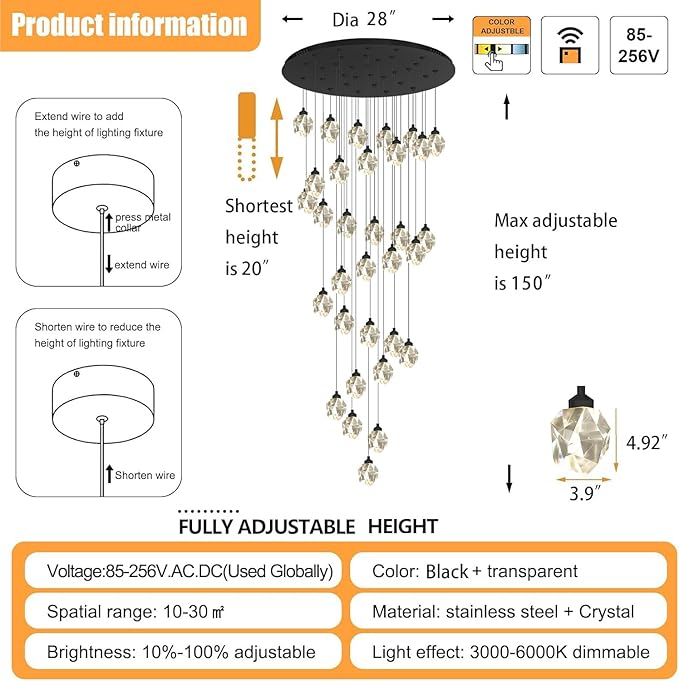 Large Black Staircase Chandelier 150 inch Long Crystal Chandelier for High Ceiling Entrance Crystal Ceiling Lighting LED Dimmable 3000-6000K 32 Light