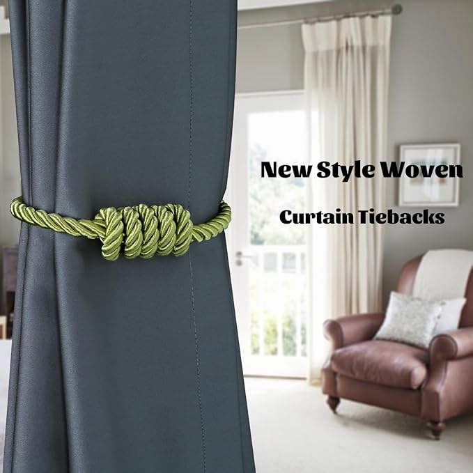 BEL AVENIR Magnetic Curtain Tiebacks, Decorative Drapery Holdbacks Modern Woven Tie-Backs with Exquisite Knot (Green, 6 Pack)