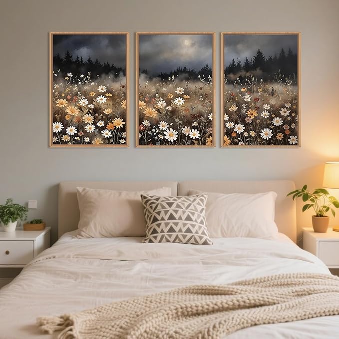 Moody Wildflower Framed Canvas Wall Art Set, Calming Nature Dark Floral Wall Decor, Boho Misty Forest Botanical Meadow Artwork Modern Landscape Print for Living Room,Bedroom-16 x24 x3