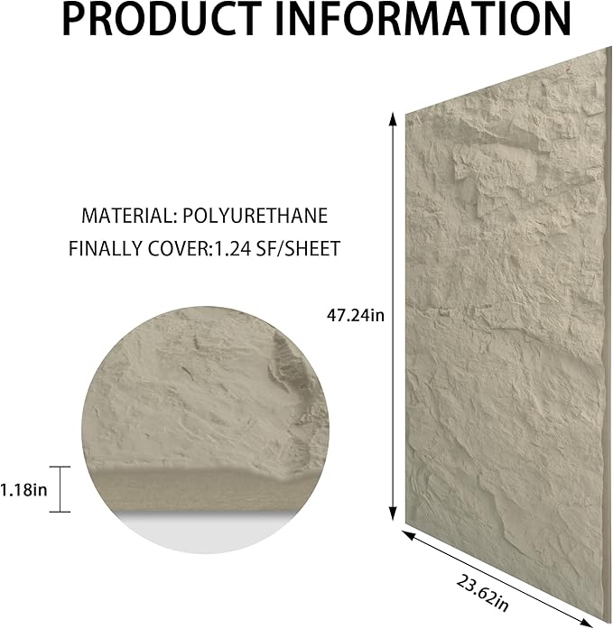 KASARO 3D Faux Stone PU Wall Panels, 3 Pieces Wainscoting Panel Accent for Interior Wall Decor, Waterproof Wall Covering, 47.24 × 23.62 inch, Cement Lily