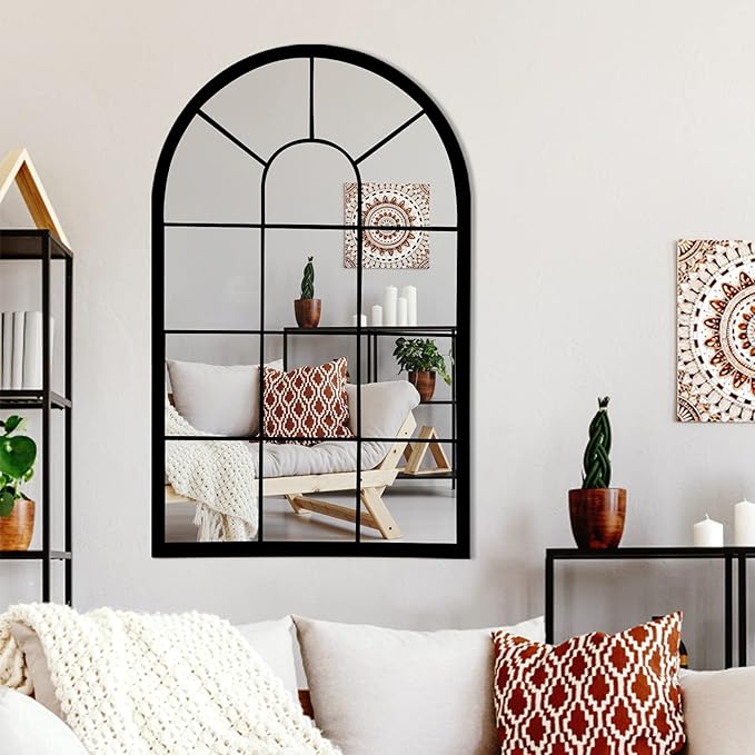 Black Arched Window Mirror, Farmhouse Decorative Wall Mirrors for Living Room, Bedroom, Entryway, Bathroom Vanity, Fireplace Mantel, Window Pane Mirror Wall Decor (Black, 31.5 x 20 x1)
