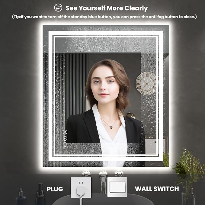 24X30 Inch LED Bathroom Mirror with Lights, Backlit and Front Lighted Bathroom Mirrors for Wall, Anti-Fog Dimmable Memory Shatterproof LED Vanity Mirror for Bathroom