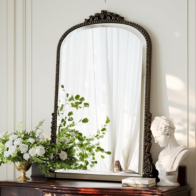 40x28 Beaded Arched Mirror, Bathroom Mirror for Over Sink, Metal Frame Wall Decor for Entryway, Bedroom, Living Room, Bronze