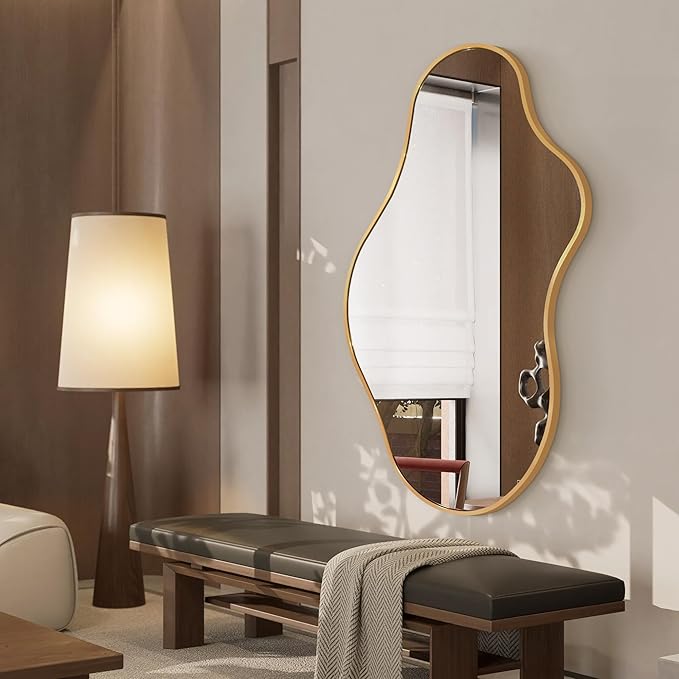 Bathroom Mirrors for Over Sink - Long Wall Mirrors Decorative 20"x 36" Asymmetrical Abstract Aviation Aluminum Alloy Frame Unique for Bedroom, Living Room, Cloakroom, Entryway Gold