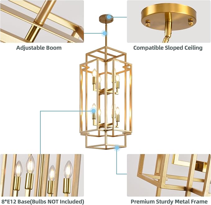 8-Light Gold Chandelier, Modern Foyer Lighting Fixtures, 31.5" Farmhouse Lantern Pendant Light, Industrial Large Chandeliers for High Ceilings, for Living Room,Staircase,Hallway