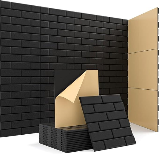 Acoustic Wall Panels, Brick Pattern Peel and Stick Sound Absorbing Panel for Ceiling, Door, Pared, 18 Pack 12"x12"x0.4", Black Decorative Self Adhesive Wall Tiles for Recording Studio, Room