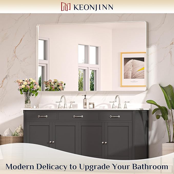 Keonjinn Brushed Nickel Mirror 60 x 36 Inch Large Silver Bathroom Mirror for Over Sink, Rounded Rectangle Farmhouse Vanity Mirror with Metal Frame, HD Tempered Glass Wall Mirror(Horizontal/Vertical)