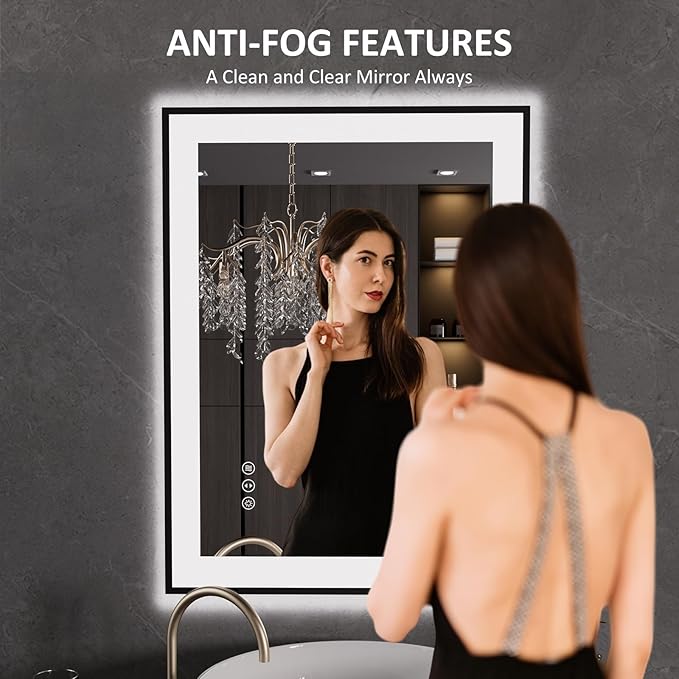LOAAO 24"X32" LED Bathroom Mirror Black Framed, Anti-Fog, Dimmable, Lighted Bathroom Vanity Mirror for Wall, Memory Function, Tempered Glass