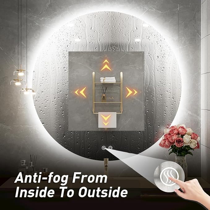 24 Inch Round LED Bathroom Mirror - 6000K Daylight Backlit, Anti-Fog & Dimmable, Frameless Waterproof Mirror with Touch Control, CRI90+, IP54 for Vanity & Makeup